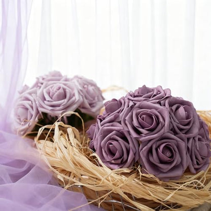 Artificial Flowers Foam Fake Roses 25pcs Series Purple Colors Roses with Stems for Home Decor DIY Wedding Bouquets Party Bridal Shower Centerpieces Faux Flower Arrangements Tables Decorations (25 Count)