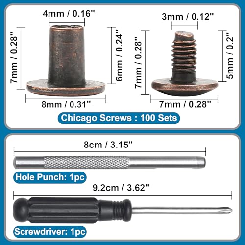 150 Sets 8MM Chicago Screws Leather Rivets for Fabric Chicago Binding Screws Buttons Metal Studs Rivets for Decorate and Repair Belts Bags Shoes Purse Dog Collar Leather Craft
