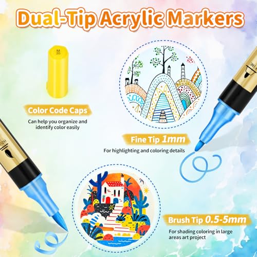 30 Metallic & 30 Regular Colors Dual Tip Acrylic Paint Markers (60 Count)