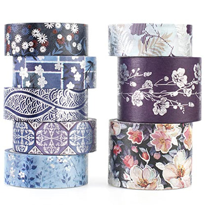 Elegance Blue Washi Tape Set 8 Rolls Wide Silver Embellishment Decorative Masking Tapes for Arts (8 Count)