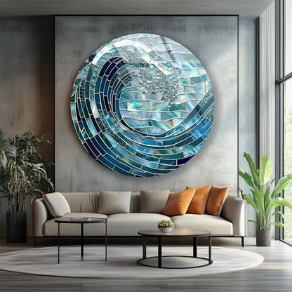 31.5''(80cm) Diameter Ocean Wave in Blue Mosaic Round Glass Wall Art Tempered Glass Printing Wall Decor Large Wall Art Wall Hangings