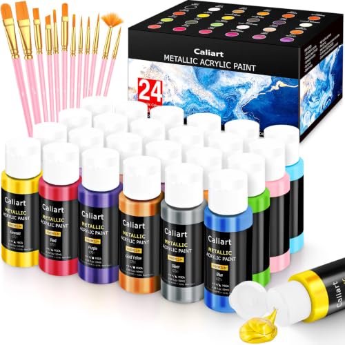 24 Colors Acrylic Metallic Paint Set with 12 Brushes (48 Fl Oz)
