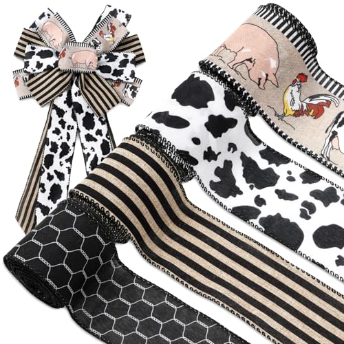 Farmhouse Animal Wired Edge Ribbons Cow Chick Pig Stripe Chicken Wire Decorative Fabric Wrapping Ribbons for DIY Crafts Wreath Bow Making Supplies (4 Count)