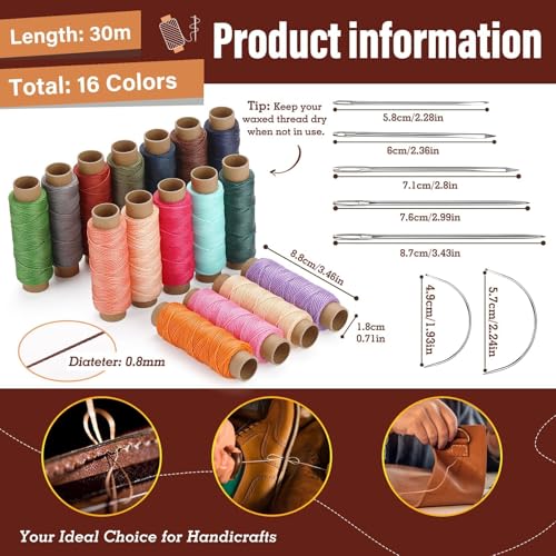 Waxed Thread 0.8mm 16pcs 32 Yard Leather Thread for Hand Sewing (98 Foot)