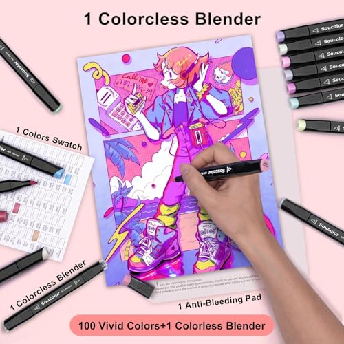 100 Color Alcohol Markers Dual Tip Brush Art Supplies Kids Adults (100 Count)