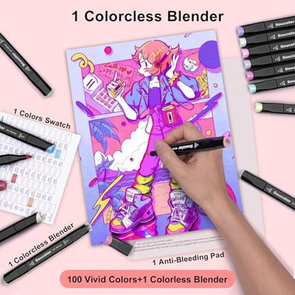 100 Color Alcohol Markers Dual Tip Brush Art Supplies Kids Adults (100 Count)