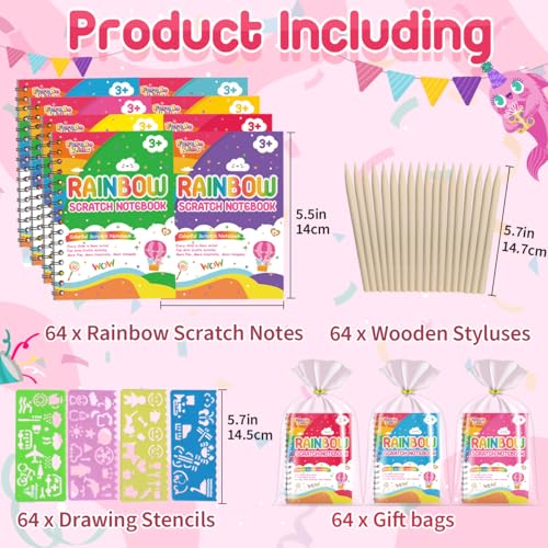 64 Pack Rainbow Scratch Notebook Art Party Favors for Kids