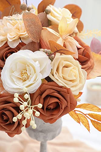 Artificial Flowers 25pcs Real Looking Burnt Orange Foam Fake Roses with Stems for DIY Terracotta Wedding Bouquets Bridal Shower Centerpieces Floral Arrangements Party Tables Home Decorations (25 Count)
