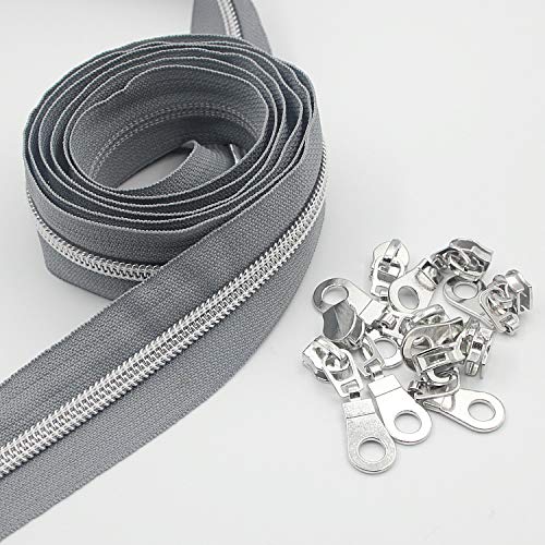 5 Metallic Silver Nylon Coil Zippers by The Yard Bulk 10 Yards Grey Tape with 25pcs Silver Sliders for DIY Sewing Tailor Craft Bag