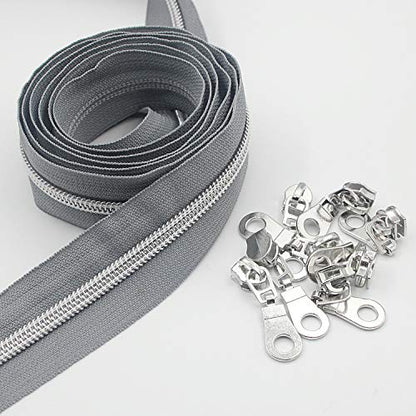 5 Metallic Silver Nylon Coil Zippers by The Yard Bulk 10 Yards Grey Tape with 25pcs Silver Sliders for DIY Sewing Tailor Craft Bag