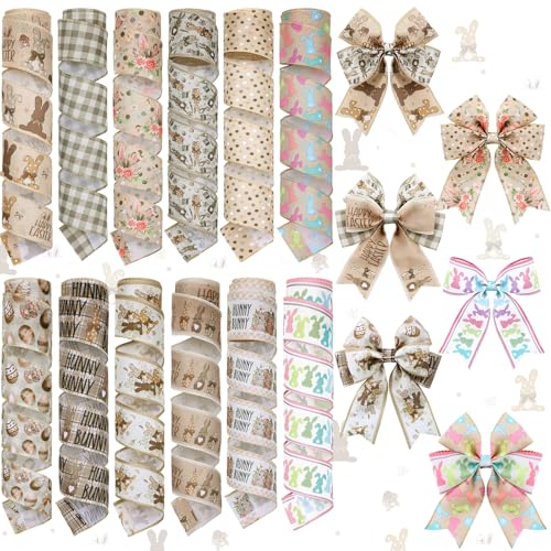 12 Rolls Easter Bunny Wired Edge Ribbon for Wreaths 2 Inch x 60 Yards Happy Easter Floral Bunny Print Grosgrain Ribbon for Bow Gift Bow Crafts Party Supplies 12 Styles (12 Count)