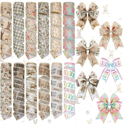 12 Rolls Easter Bunny Wired Edge Ribbon for Wreaths 2 Inch x 60 Yards Happy Easter Floral Bunny Print Grosgrain Ribbon for Bow Gift Bow Crafts Party Supplies 12 Styles (12 Count)