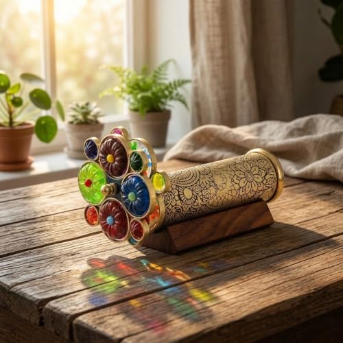 Handcrafted Etched Floral Pattern Lacquered Brass Kaleidoscope Includes Two Separate Turning Wheels