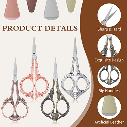 4 Pcs Sewing Embroidery Scissors with Artificial Leather Cover Sewing Stainless Vintage Embroidery Scissors for DIY Needlework Art Manual Handicraft