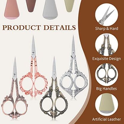 4 Pcs Sewing Embroidery Scissors with Artificial Leather Cover Sewing Stainless Vintage Embroidery Scissors for DIY Needlework Art Manual Handicraft