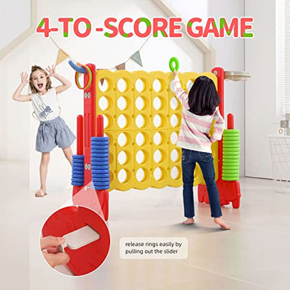Giant 4-in-a-Row Game with Carry Bag, 3-in-1 Jumbo 4-to-Score Outdoor Yard Game with Basketball Hoop, Ring Toss, Quick-Release Slider, 42 Rings, Family Party Game for Kids & Adults