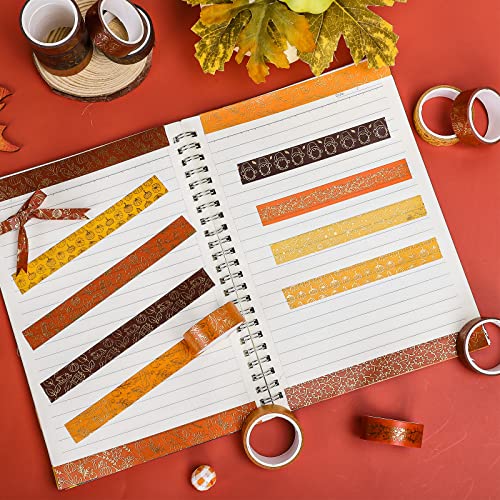 12 Rolls Fall Washi Tapes Foil Gold Decorative Tape Autumn Gnome Pumpkin Fall Leaves Turkey Patterned Masking Tape for Fall Thanksgiving Scrapbook Journal DIY Craft Gift Wrapping (12 Count)