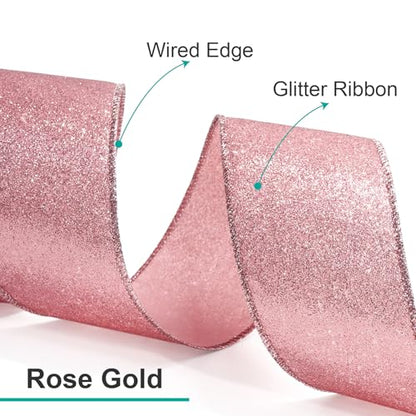 Glitter Wired Ribbon 2.5" x 10 Yards Rose Gold for Christmas Home Decor Bow Gift Wrapping DIY Crafts Wreath (30 Foot)
