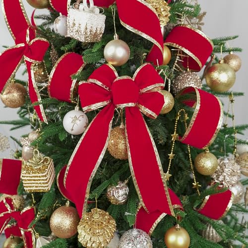 2.5 Inch Red Velvet Christmas Ribbon 10 Yards Velvet Wired Ribbons with Gold Greek Key Edge Ribbons Red Ribbon for Christmas Tree Decoration (30 Foot)