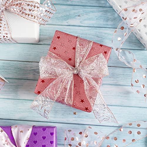 Floral 2.5 Inch Rose Gold Rose Wired Ribbon Wedding Bouquet Ribbons Rose Gold Organza Sheer Ribbons 25 Yards Roll Pink Wedding Ribbon for Crafts (75 Foot)