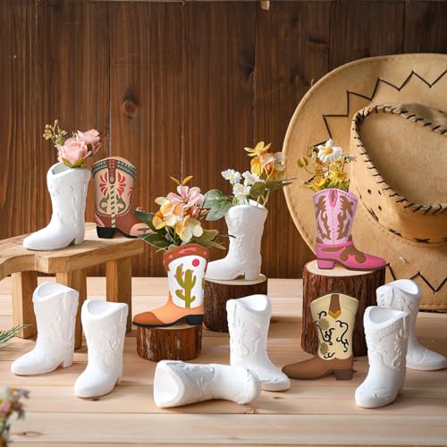 12 Set Cowboy Plaster Boot Vases Ceramics to Paint Ready to Paint DIY Unpainted Plaster Paintable Kit Contains Four Different Styles of Vases with Brush Palette for Adults (12 Count)