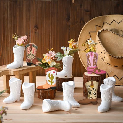 12 Set Cowboy Plaster Boot Vases Ceramics to Paint Ready to Paint DIY Unpainted Plaster Paintable Kit Contains Four Different Styles of Vases with Brush Palette for Adults (12 Count)