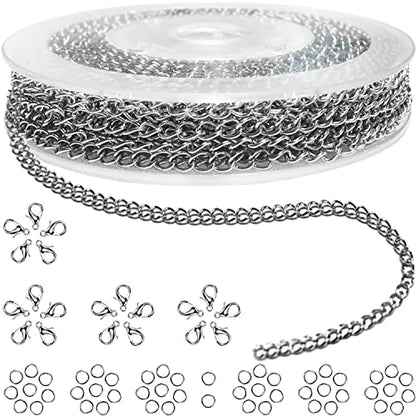 33ft Necklace Extender Chain 3mm Silver Stainless Steel Curb Link Chain for Jewelry Making