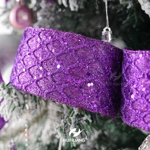 Purple Glitter Diamond Christmas Wired Ribbon 2.5 inch x 10 Yds (30 Foot)
