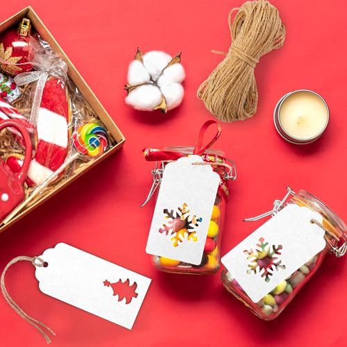 150 Pieces Christmas Paper Gift Tags White Kraft Tags Hang Labels Christmas Tree Snowflake Reindeer Design with 30 Meters Jute Twine for Christmas DIY Wrapping Favor Holiday Present