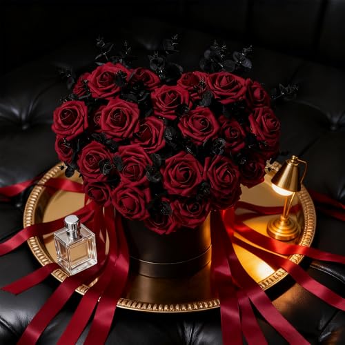 Artificial Flowers Foam Fake Roses 25pcs Red Roses with Stems for Home Decor DIY Wedding Bouquets Party Bridal Shower Centerpieces Faux Flower Arrangements Tables Decorations (25 Count)