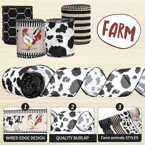 Farmhouse Animal Wired Edge Ribbons Cow Chick Pig Stripe Chicken Wire Decorative Fabric Wrapping Ribbons for DIY Crafts Wreath Bow Making Supplies (4 Count)
