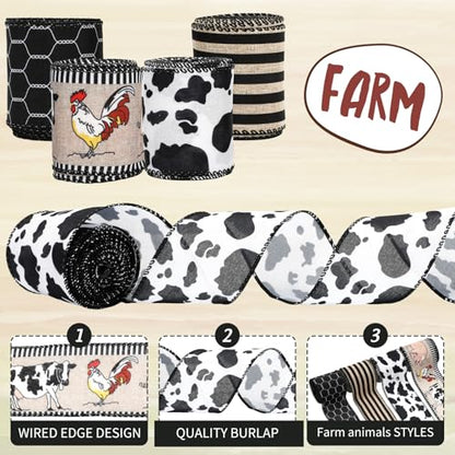 Farmhouse Animal Wired Edge Ribbons Cow Chick Pig Stripe Chicken Wire Decorative Fabric Wrapping Ribbons for DIY Crafts Wreath Bow Making Supplies (4 Count)