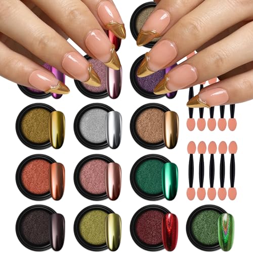 16 Jars Chrome Nail Pearl Powder Silver and Gold Mirror Iridescent Aurora Metallic Nail Pigment Pearlescent Mermaid Pigment Pearl Dust Kit (16 Count)