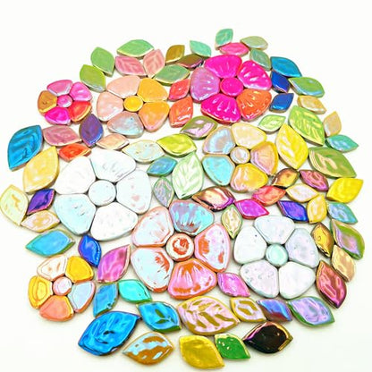 500g 1.1lb Random Color Iridescent Flowers & Leaves Ceramic Mosaic Tiles (17 Ounce)