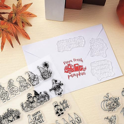 5 Sheet Fall Thanksgiving Clear Stamps Autumn Leaves Pumpkin Gnome Silicone Transparent Stamps Happy Fall Border Stamp Cards for DIY Craft Card Making Scrapbooking Embossing Album Decor (5 Count)