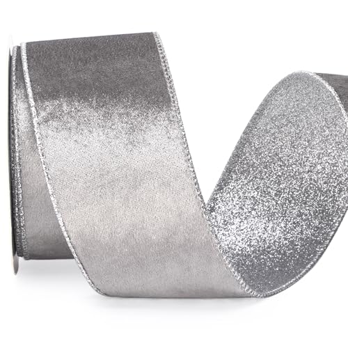 Silver Velvet Wired Ribbon 2.5 Inch Silver Velvet with Silver Glitter Christmas Ribbon for Christmas Tree Decoration Big Bow Gift Wrapping Crafts Wreaths Supplies (30 Foot)