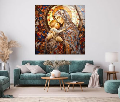 32Wx48H'' Jesus and Virgin Mary Glass Wall Art Tempered Glass Printing Wall Decor Large Wall Art Wall Hangings