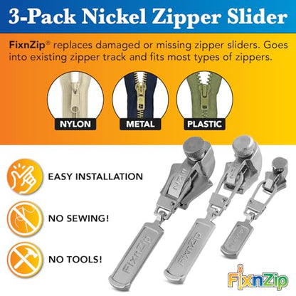 Small, Medium, and Large Nickel Zipper Repair Kit Bundle | Universal No-Sew Slider Replacement Kit for Clothes, Jackets, and More | Instant and Reusable Zipper Repair Tool | Sizes 1-10