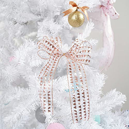 2.5 Inch Rose Gold Heart Wired Ribbon 25 Yards Pink Sheer Ribbons with Hearts Roll Pink Organza Wedding Ribbons Heart Ribbon for Crafts (75 Foot)