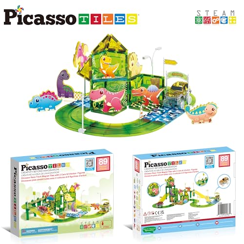 Dinosaur Magnetic Tiles Racecar Track with 8 Magnet Tile Dino Toys 2 Cars Street Sign Accessory Kit Construction Building Blocks Educational Picasso Toy for Kids Ages 3 and up PTR02 (89 Count)