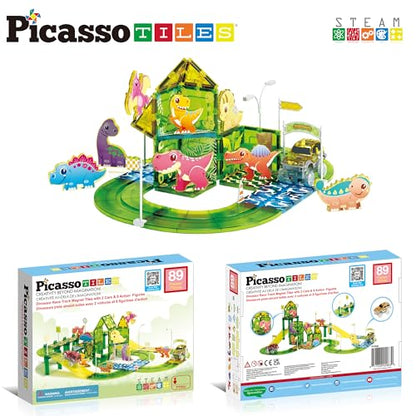 Dinosaur Magnetic Tiles Racecar Track with 8 Magnet Tile Dino Toys 2 Cars Street Sign Accessory Kit Construction Building Blocks Educational Picasso Toy for Kids Ages 3 and up PTR02 (89 Count)