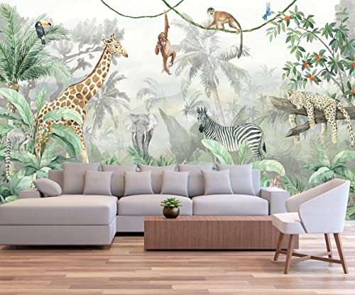 Kids Wallpaper Tropical Leves and Safari Animals (56.25 Sq Ft)