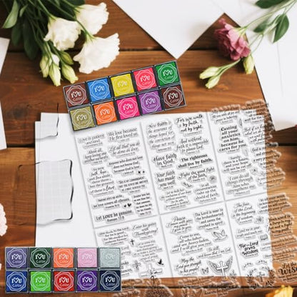 6Pcs Christian Bible Verse Clear Stamps for Card Making Easter Blessing 20 Craft Ink Pad 3 Acrylic Stamp Block Silicone Stamp with Greeting Words Rubber Stamps for Crafting DIY Scrapbooking (29 Count)