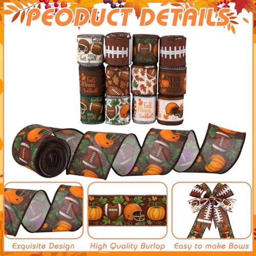 12 Rolls Fall Football Wired Edge Ribbon for Wreaths 2 Inch x 60 Yards Maple Leaves Pumpkin Football Print Ribbon Crafts for Thanksgiving Harvest Party Decorative Supplies (12 Count)