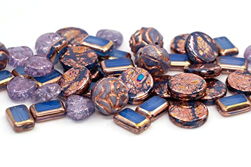 2.1oz (60g) of Glass Focal Bead Mix with Roses, Table-Cut and Cracked Czech Beads, PG Blue Copper Violet (2.1164 Ounce)