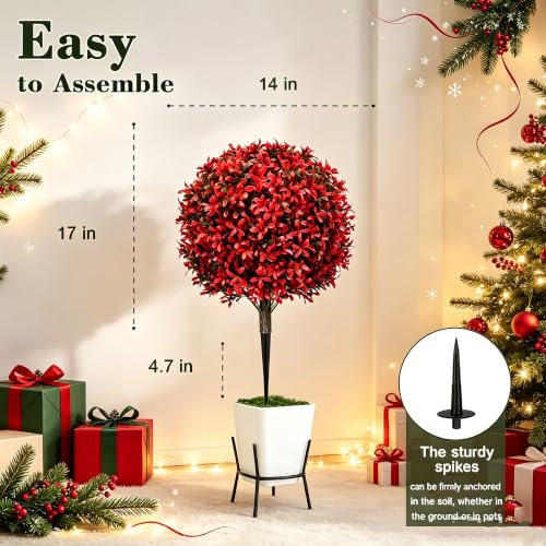 2Pack UV Resistant Red Artificial Boxwood Topiary Fake Plant (2 Count)