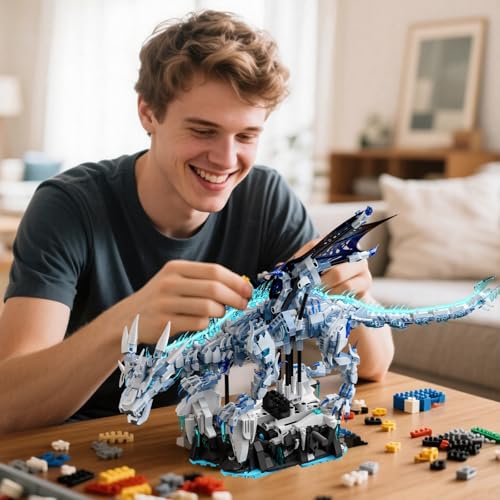 Mechanical Dark Ice Dragon Building Block Set with Hand Crank Motion Movable Head