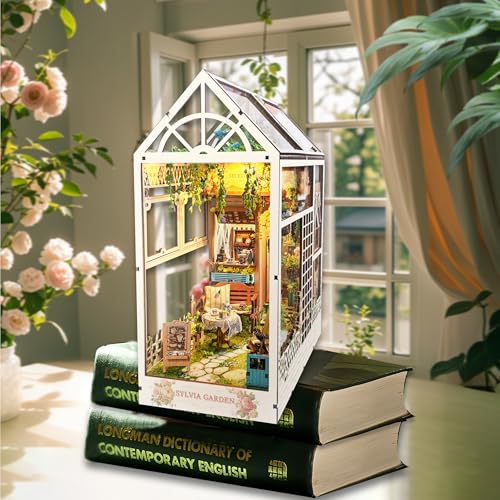 LED Garden Book Nook Kit DIY Miniature Dollhouse 3D Puzzle Wooden Bookshelf Room Decoration