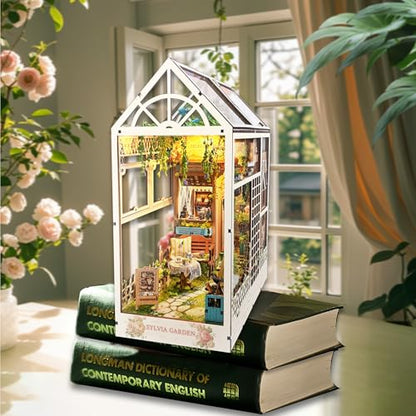 LED Garden Book Nook Kit DIY Miniature Dollhouse 3D Puzzle Wooden Bookshelf Room Decoration