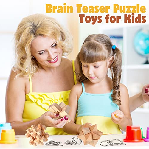 34 Pcs Metal Brain Teaser Puzzles for Kids Adult 3D Wooden Mind Games Puzzle Cube Wooden Brain Games Block Metal Wire Unlock Interlock Game Educational Logic Mind Desktop Toys (34 Count)